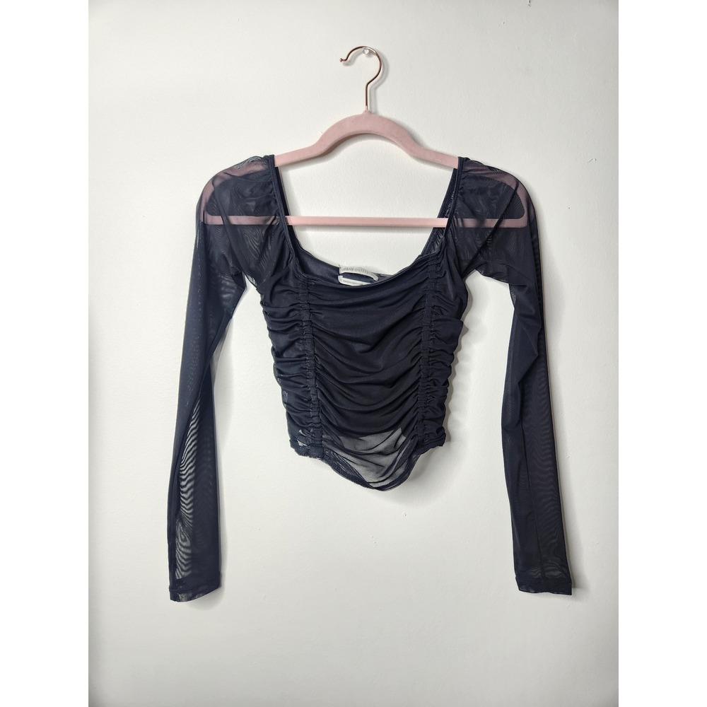 Urban‎ Outfitters Black Mesh Ruched Long Sleeve Square Neck Crop Top